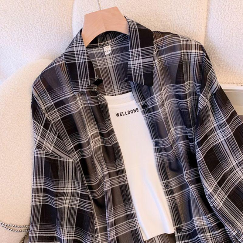 Summer Womens Lightweight Checkered Shirt Long Sleeve Open Front Cover Up Blouse Thin Breathable Top