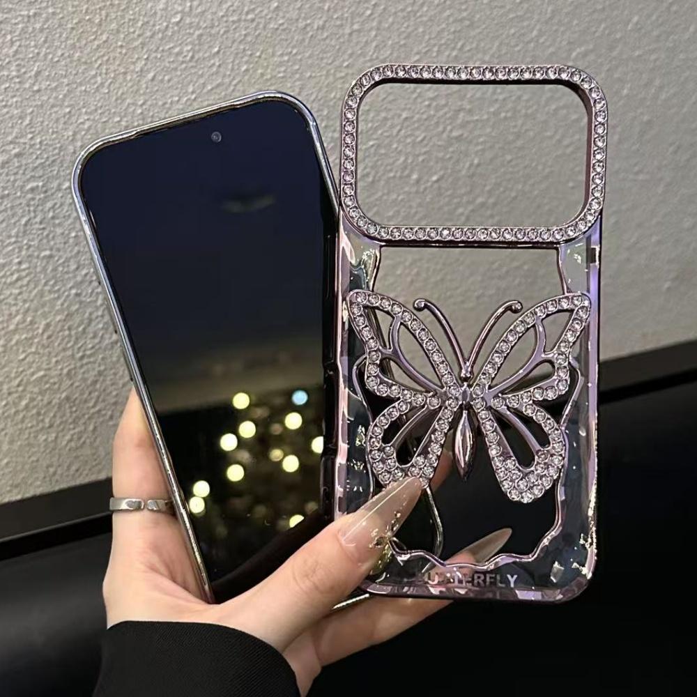 Чехол с покрытием, бабочка, полый, блестящий, с бриллиантами, для iPhone 17 16 15 14 13 Pro Max Plus, блестящий, со стразами, противоударный