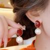 Серьги Ancola Красный Жемчуг Геометрические Легкая Роскошь - Высококачественные Ретро Корейские Минималистичные Овальные Серьги-Подвески с Красным Узором