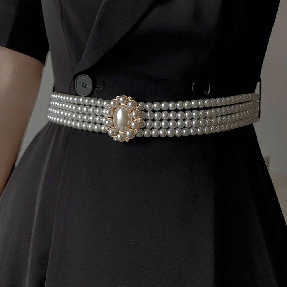 Elastic Metal Buckle Flower For Girls Dress Decoration Faux Pearl Korean Belt Women Waistband