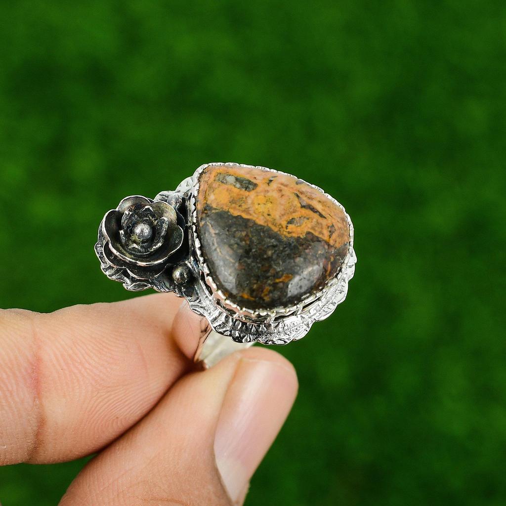925 Sterling Silver Bauxite Stone Anniversary Statement Handcrafted Flower Ring