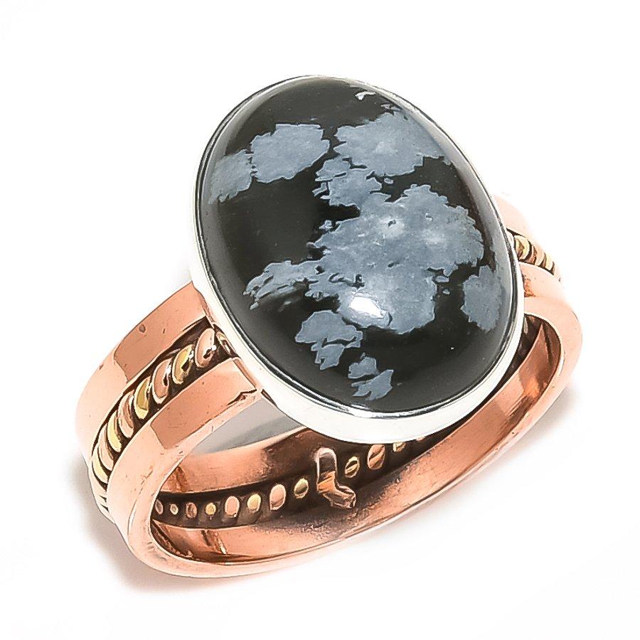 Натуральный Снежный Обсидиан Двухцветное Ювелирное Кольцо из Стерлингового Серебра 925 пробы Размер 9 M2b44