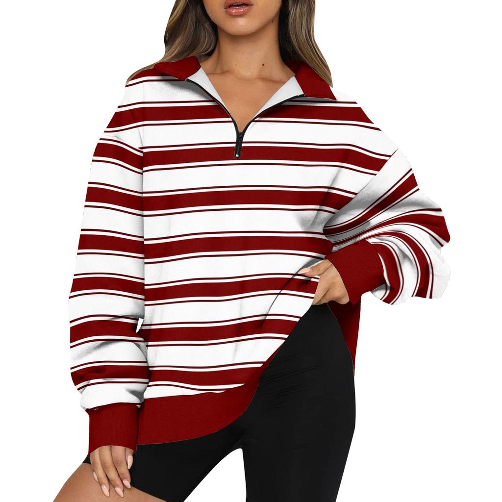 Women's Sweatshirt Fashionable Long Sleeved Striped Printed Half Zip Sweatshirt Top