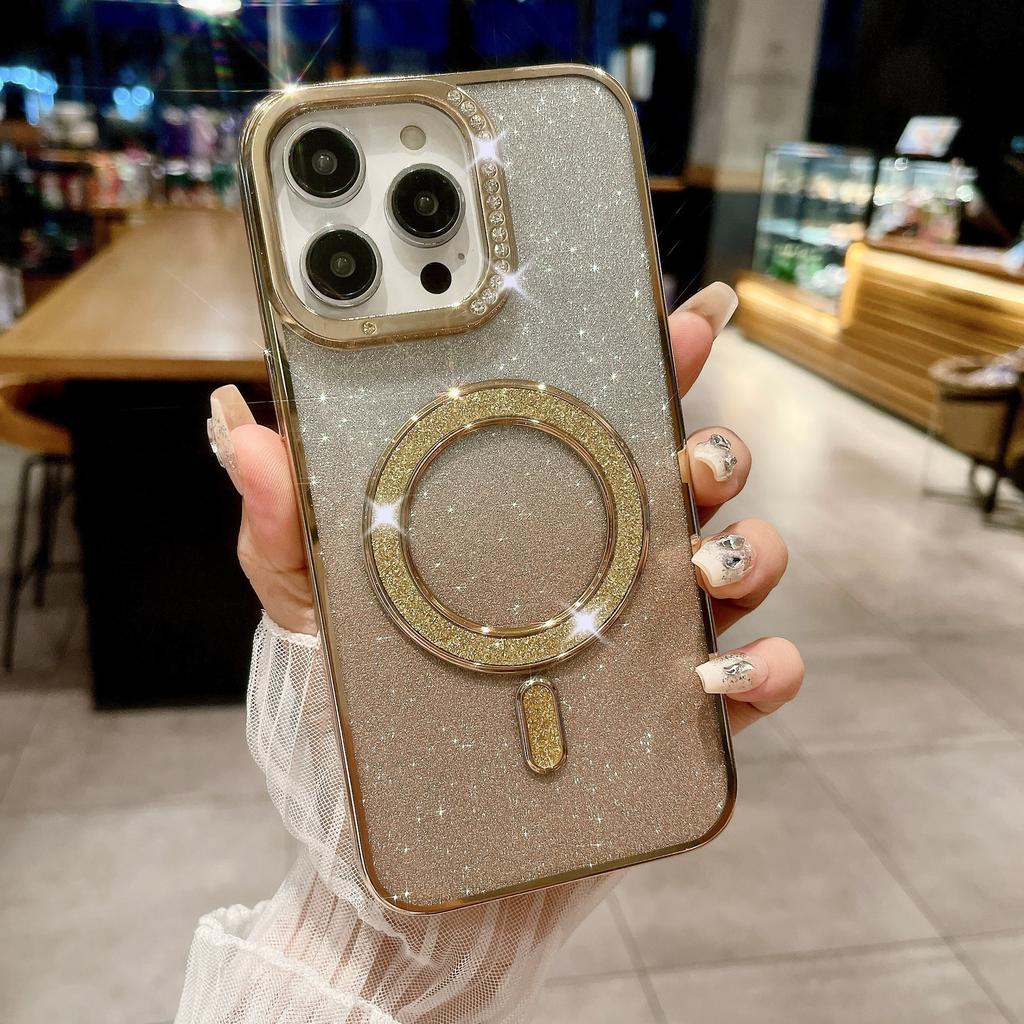 Подходит для IPhone16Pro Гальванизированный Водяной Бриллиант Чехол для Телефона, Apple 15 Инкрустированный Бриллиантами Блестящий 14 Магнитная Зарядка Защитный Чехол