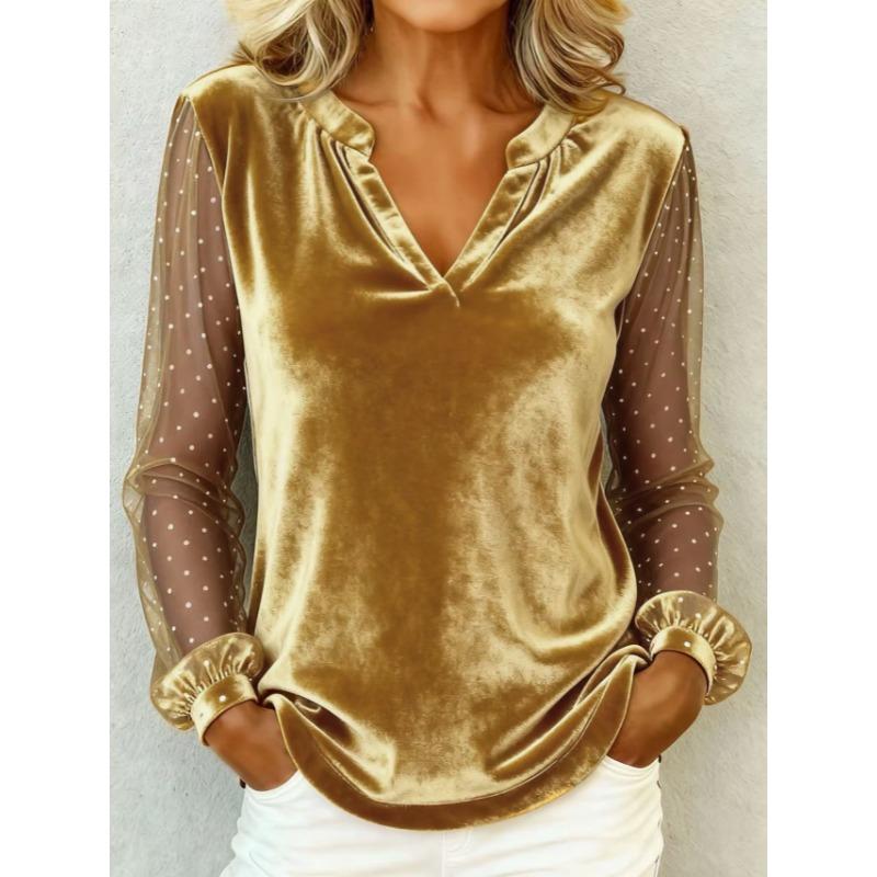 Элегантная блузка с V-образным вырезом, сетчатой и кружевной вставкой, женская, с длинным рукавом, бархатная, с принтом в виде точек, свободная, весенне-осенняя, офисные топы, повседневные, простые футболки, одежда