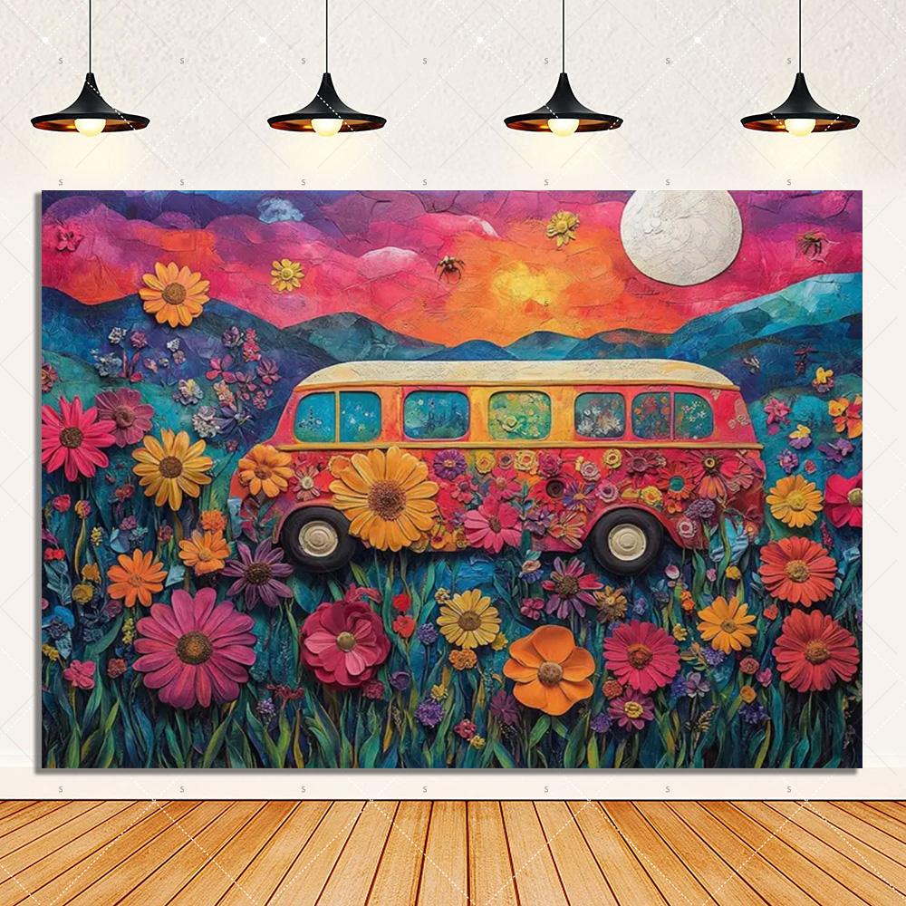 Colorful Hippie Bus Background Banner Bohemian Style Theme Backdrop Supplies Love And Peace Party Decorations Photography Props
