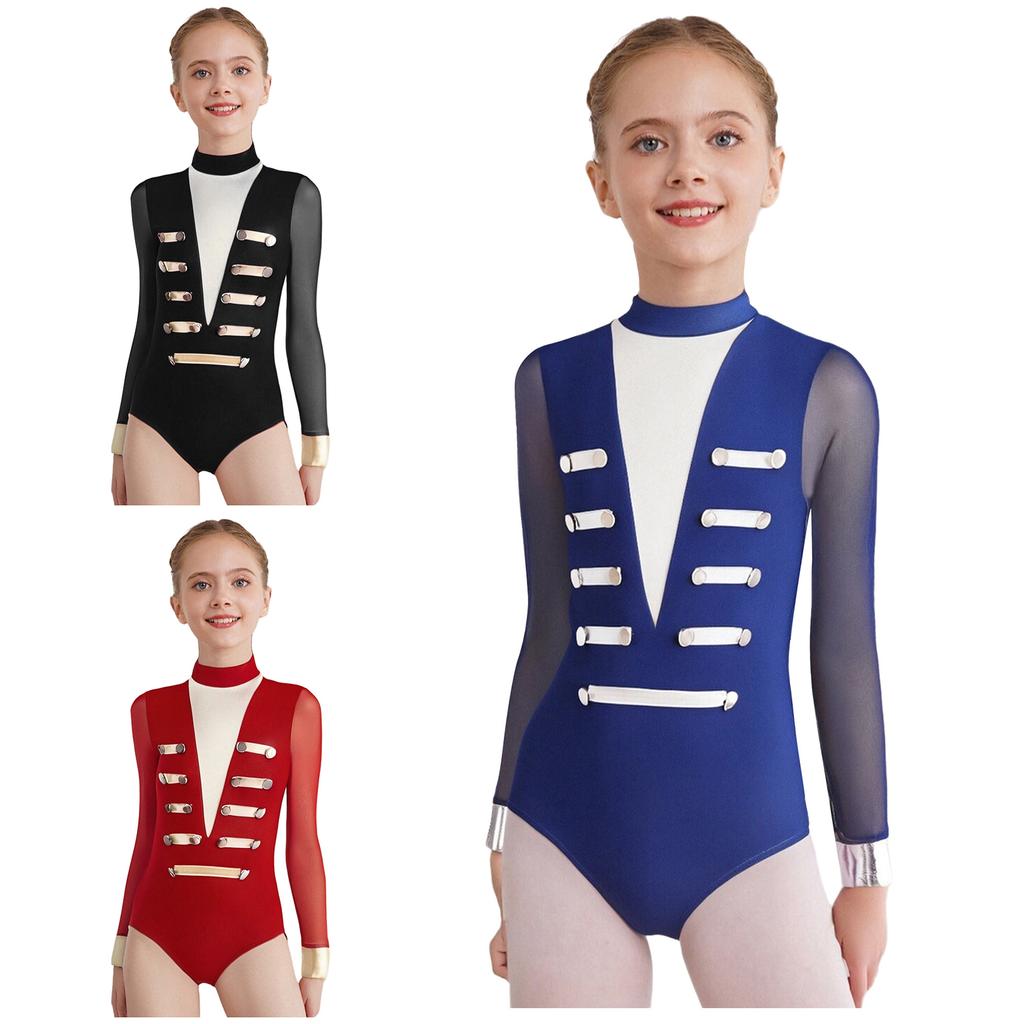 Girls Dance Leotard Sheer Mesh Long Sleeves Mock Neck Keyhole Back Metallic Stripes Buttons Bodysuit Costume