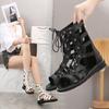 Summer High Top Sandal Boots Women's Shoes Big Size Women's Shoes Roman Studs Hollow Back Zip Flat Sandal Boots