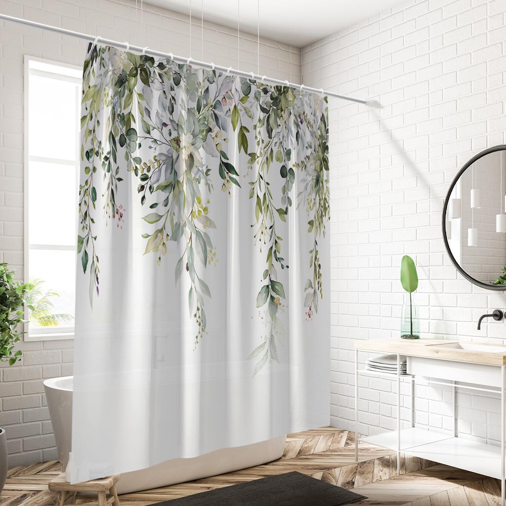 1PC Green Sage Plants Pattern Printed Shower Curtain, Waterproof and Washable, with 12 Hooks, Bathroom Shower, Bathtub, Home Use