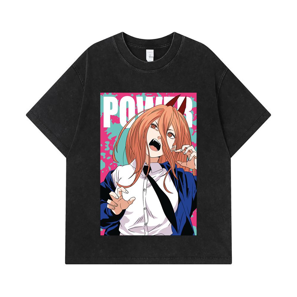 275 GSM Washed T-shirts 100% Cotton Chainsaw Man V49 Power Print Unisex Heavy Cotton T Shirt