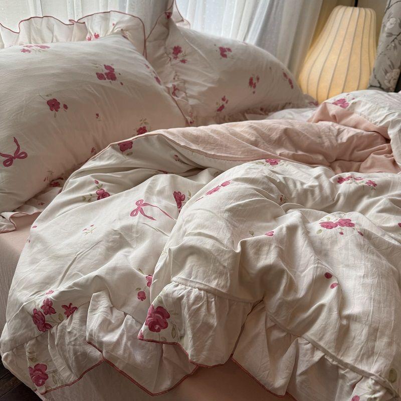 Korean Princess Duvet Cover Set Skin Friendly Wash Cotton Bedding Set Of Four Pieces Lace Bedin Set Bed Sheets Comforter Cover