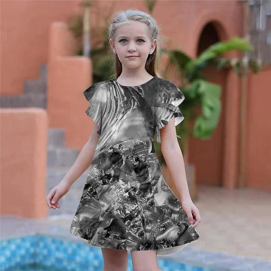 Girls Multi-colored Ice Cubes Print Dresses Kids Girl Party Dress Loose Fitting Loose Fitting Short Sleeved Skirt For Girls Over Four Years Old