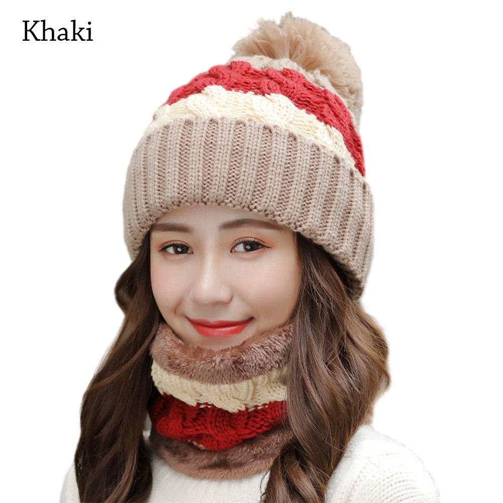 2PCS/Set Warm Scarf Set Neck Protection Beanies Hat Winter Knitted Hat Women