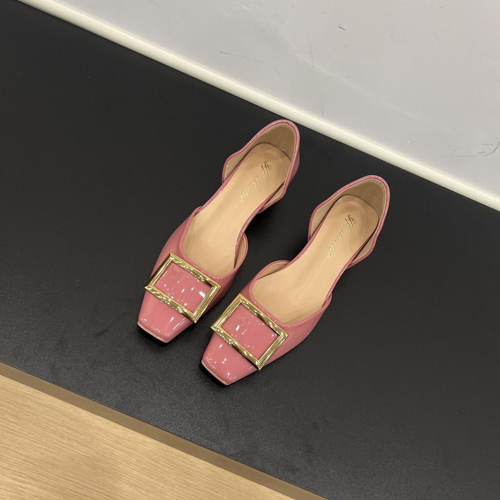 Inner heightening version~ French square head metal buckle shallow mouth single shoes femininity hollow leather one pedal commuter sandals