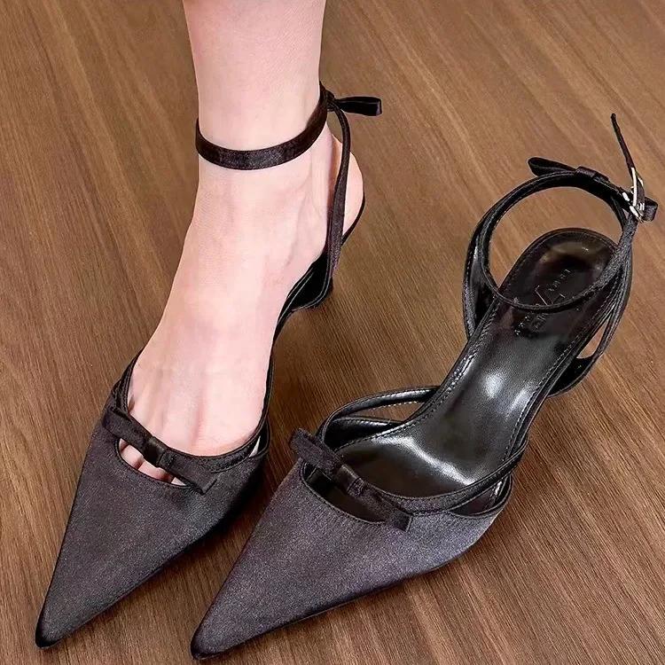 Модные летние босоножки с острым носком, женские туфли на высоком каблуке, тапочки, сексуальное платье с бантом, свадебные туфли-лодочки с открытой пяткой, женские туфли-лодочки Zapatillas