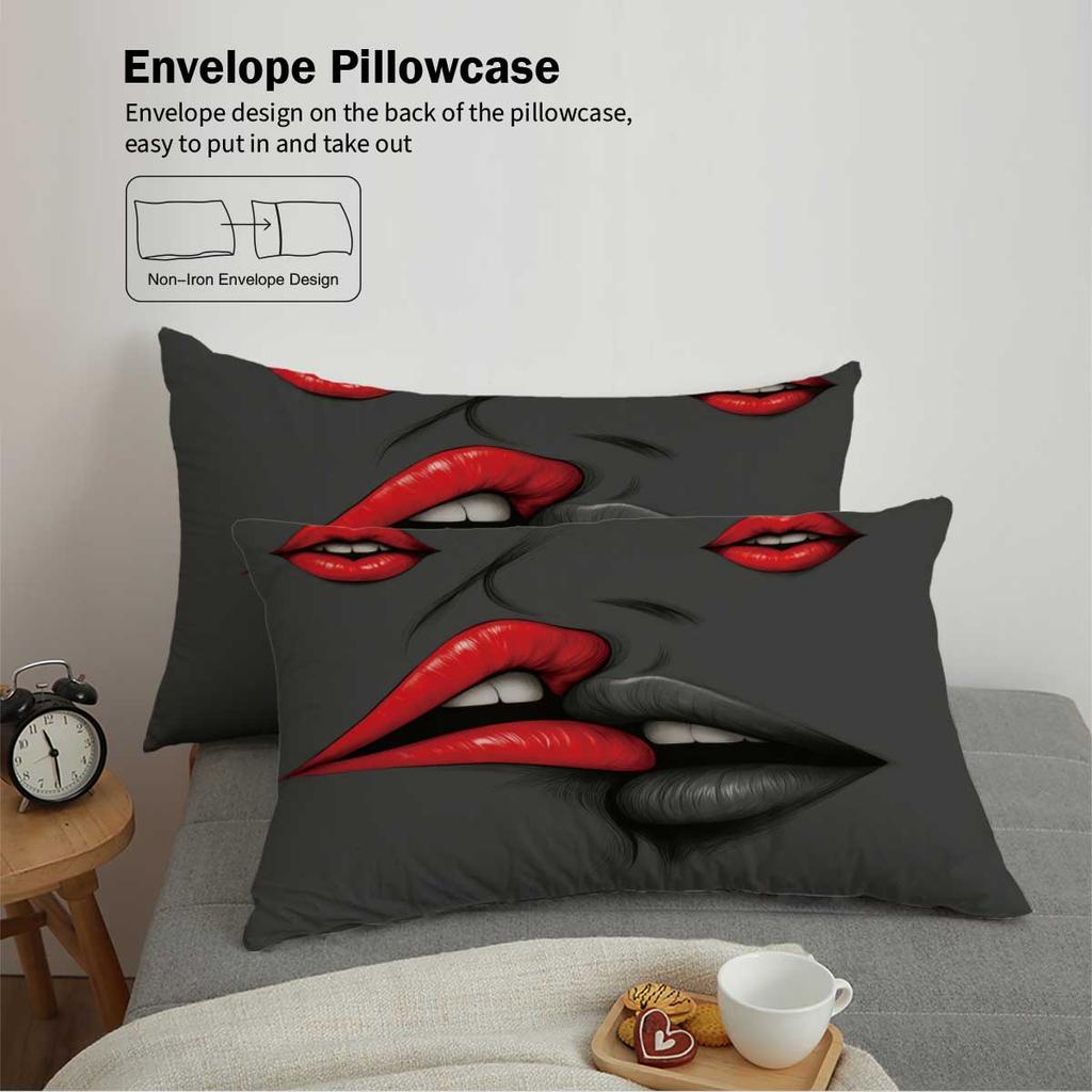 3pcs Lips Pattern Printed Bedding Set,1 Quilt Cover+2 Pillowcase, Suitable for Couples and Adults Bedroom, Home Decoration