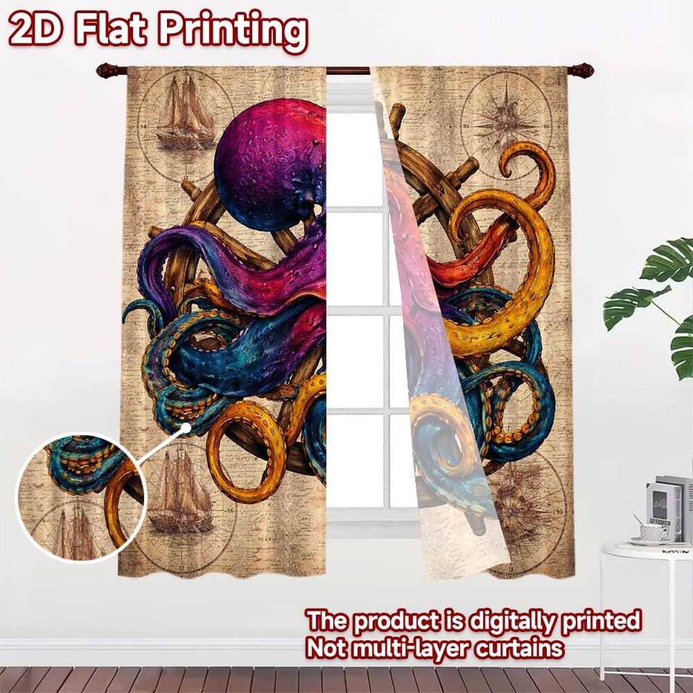 2D FLAT PRINTING 2pcs Curtains (Without Rod) Colorful Octopus and Ship Wheel Chic Light Filtering Curtains Polyester Easy