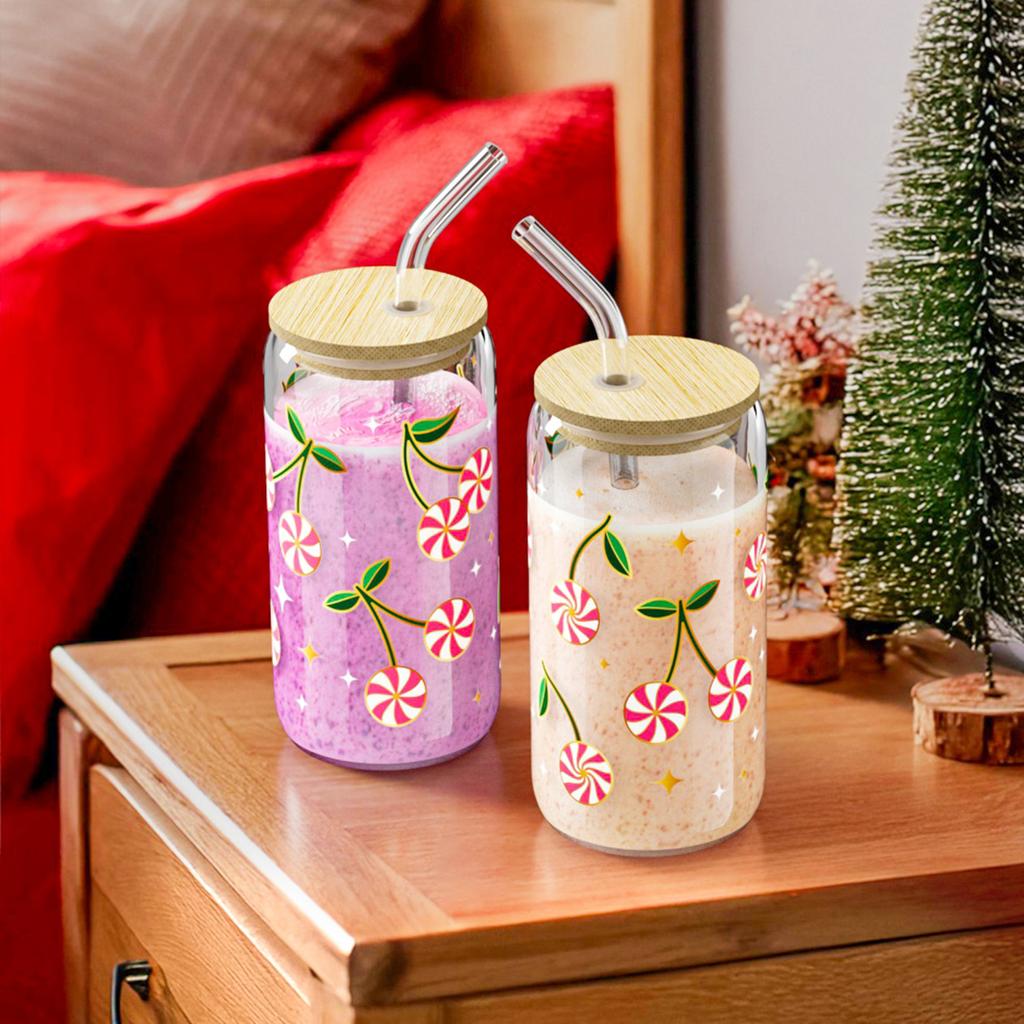 500ml Christmas Glass Cup Xmas Tree High Borosilicate Drinking Glass With Lid&Straw,Brush Juice Coffee Cup Christmas Gifts