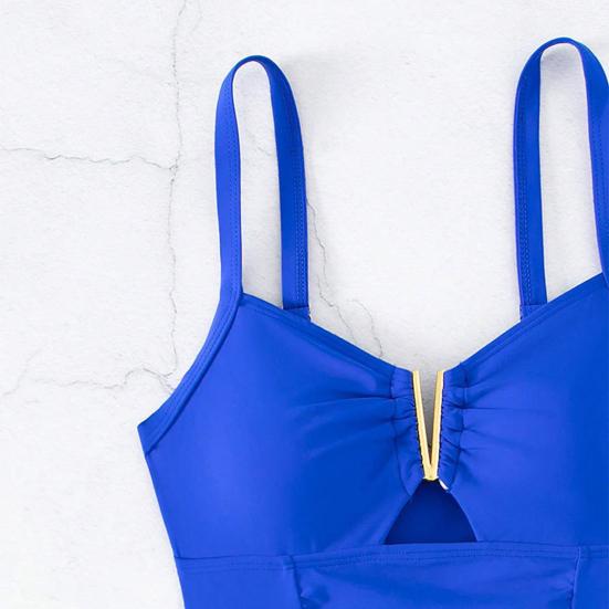 Women Monokini V-Neck Sleeveless Ruched High Waist One-piece Bikini Solid Color Quick Drying Bathing Suit