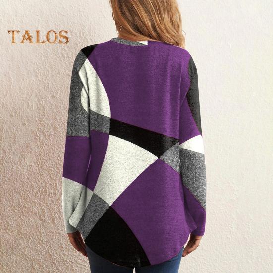 Женские топы с круглым вырезом и длинным рукавом, контрастный цвет, геометрический принт, свободная футболка, повседневные пуловеры, топы