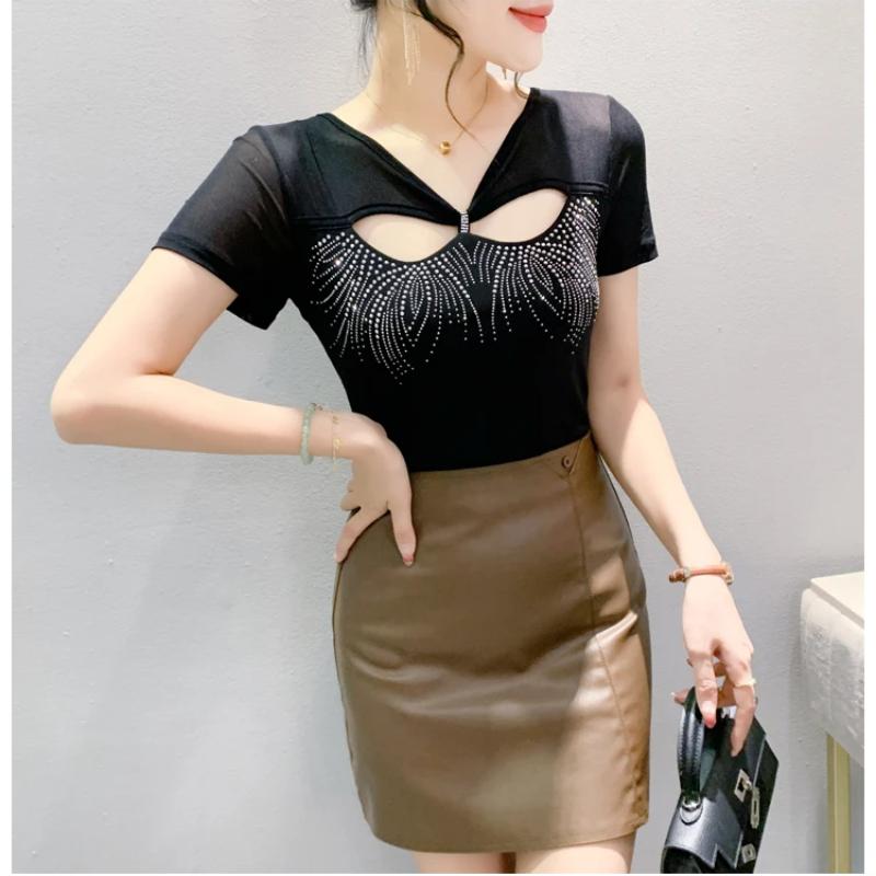 Новая летняя мода женская сетчатая футболка одежда шикарная сексуальная с V-образным вырезом с вырезами в виде ромбов футболки женские с коротким рукавом эластичные облегающие топы