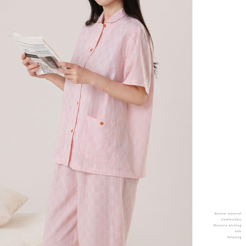 Да Семейный комплект женских пижамных шорт из двойной марли в клетку размера M, 100% хлопок, рукава, узор, розовый,