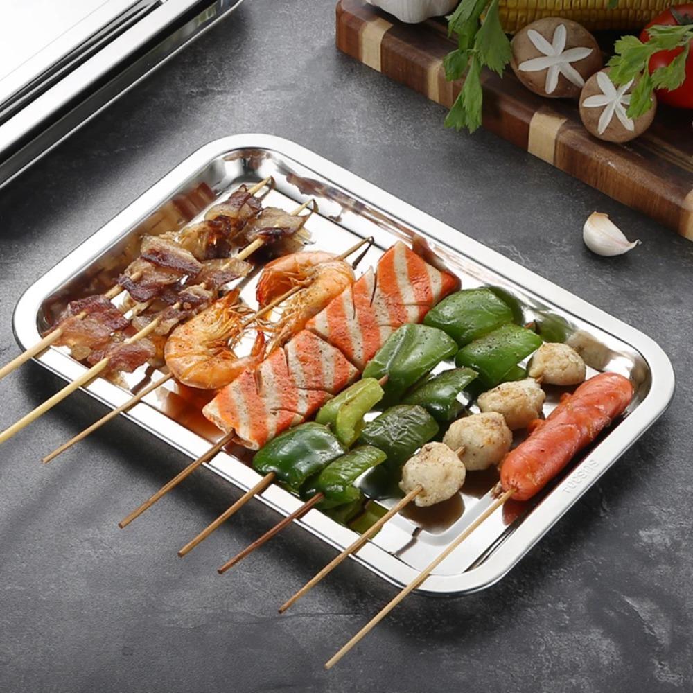 Thickened Stainless Steel Rectangular Dinner Plate Rustproof Serving Trays Barbecue Tray  Canteen
