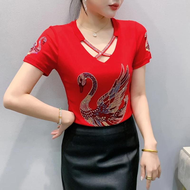 Summer Chic Women Clothes T-shirt Sexy Hollow Out Cartoon Swan Hot Diamonds Tops High Quality Female Luxury Slim Stretch Tees
