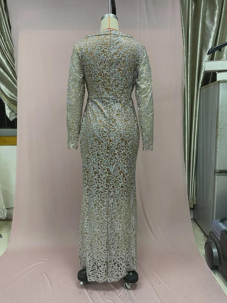 2025 Осень/Зима Европейское и Американское Вечернее Платье с V-образным вырезом и длинными рукавами