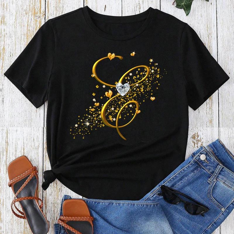 Топы с коротким рукавом с золотым шрифтом из комбинации букв с пользовательским именем, черная футболка, женские топы