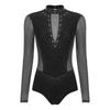 Womens Gymnastics Figure Skating Leotard Long Sleeve Sheer Mesh Sparkle Rhinestone Bodysuit