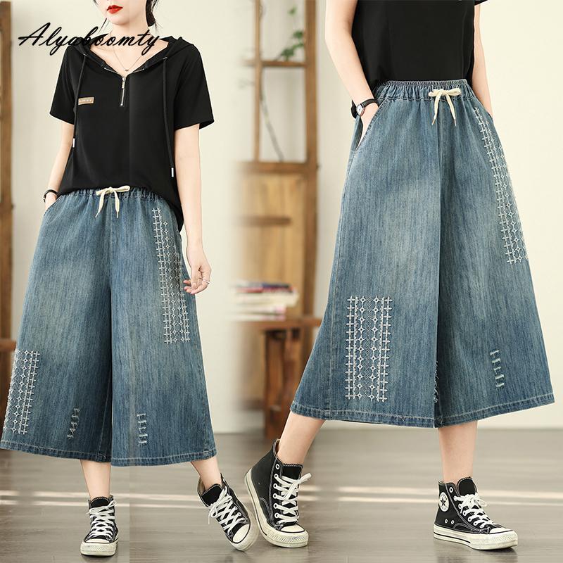 Korean Fashion Summer Women Wide Leg Jeans Elastic Waist Drawstring Ripped Vintage Denim Capris Casual Loose Plus Size Baggy Embroidery Short Jeans