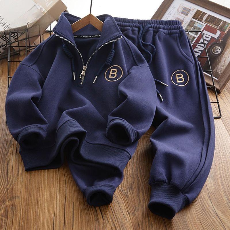 Boys and Girls' Stand-up Collar Sweater and Pants Two Piece Set Spring and Autumn Children's Sportswear Loose Set Fashion Kids Tracksuit Suit