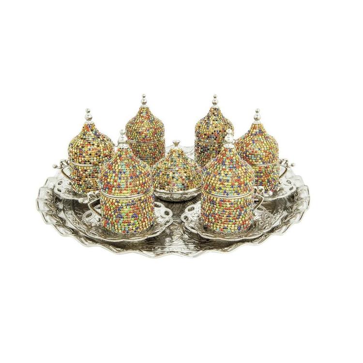 Турецкий кофейный сервиз с хрустальным узором, кофейный сервиз Zamak с камнями, кофейные чашки, сахарница, на 6 персон