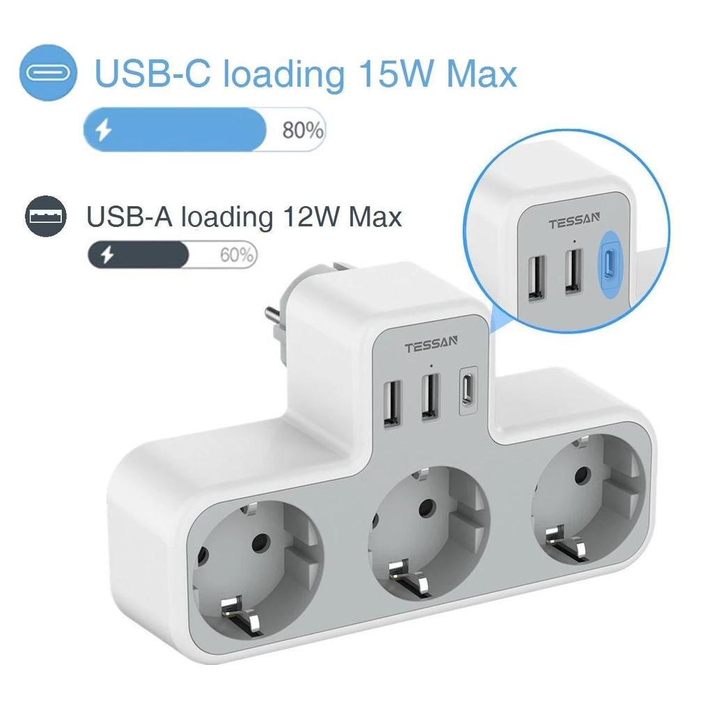 Tessan Адаптер-удлинитель настенной розетки европейского стандарта с 3 розетками переменного тока, 2 портами USB и 1 типом C, удлинитель с несколькими вилками 6 в 1 для дома