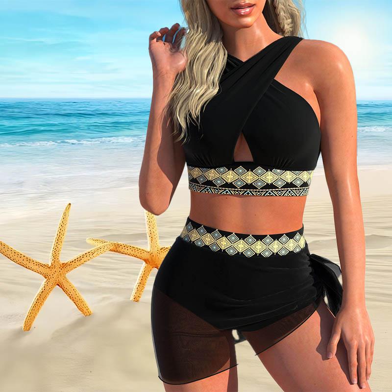 Women's Shoulder Strap Swimsuit Green Summer Printed Bikini Short Tank Top Swimsuit