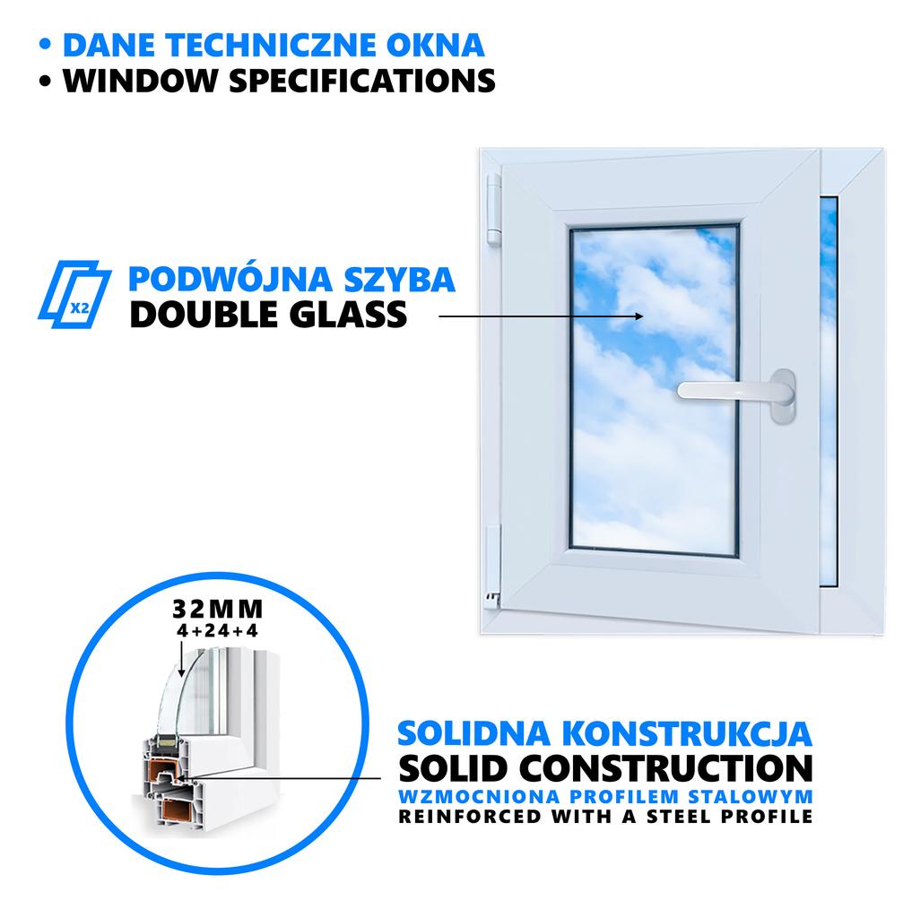 PVC window white 50x60 LEFT 500x600 mm tilt and turn, double-glazed