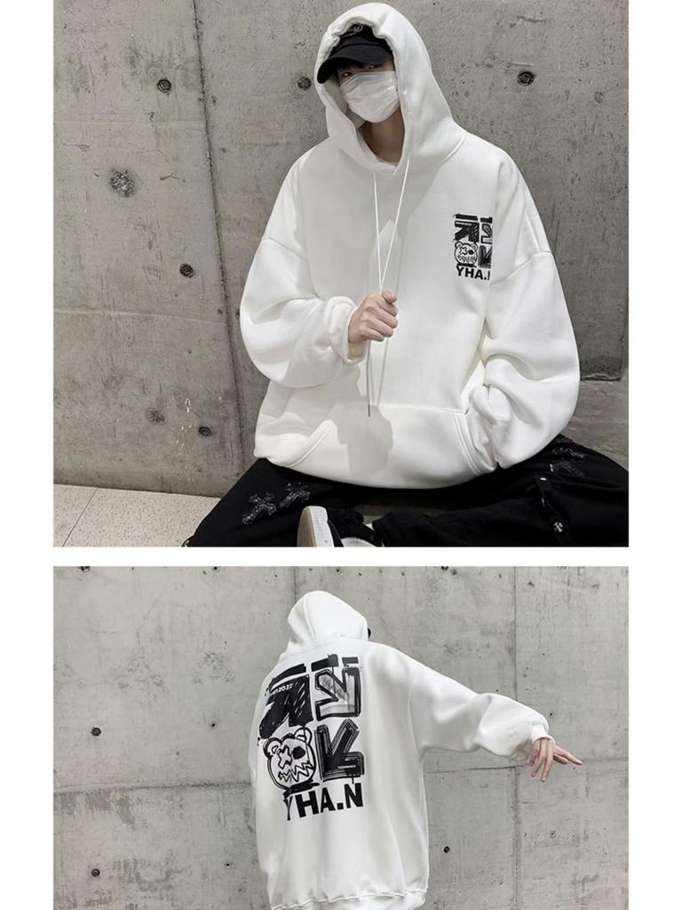 Мужская толстовка с капюшоном на плюшевой подкладке - Большой размер, Осень/Зима, Хип-хоп стиль, Модный свободный крой, Вдохновленная Америкой.