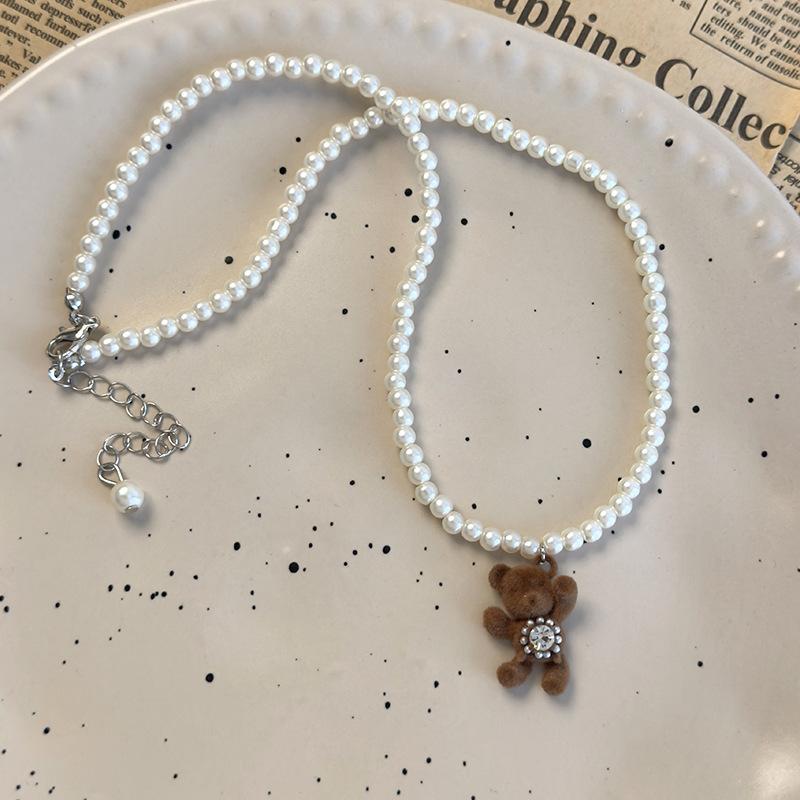 Cute Cartoon Flocked Bear Pendant Necklace Women's Accessories Light Luxury Niche Collarbone Chain Versatile High-end Sweater Chain
