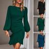 Mini Dress with Flared Long Sleeve Crew Neck Solid Color Irregular Ruffle Hem Office Lady Casual Short Dress