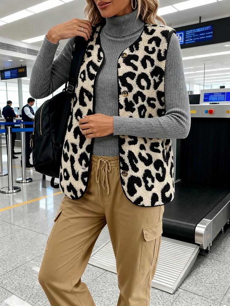 2025 Women's Leopard Print Button-Front Plush Vest - European/American Autumn/Winter Fashion