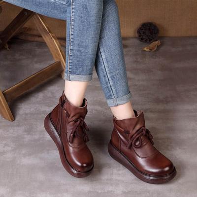 Женские полусапожки на толстой подошве из натуральной кожи, винтажные женские туфли на платформе