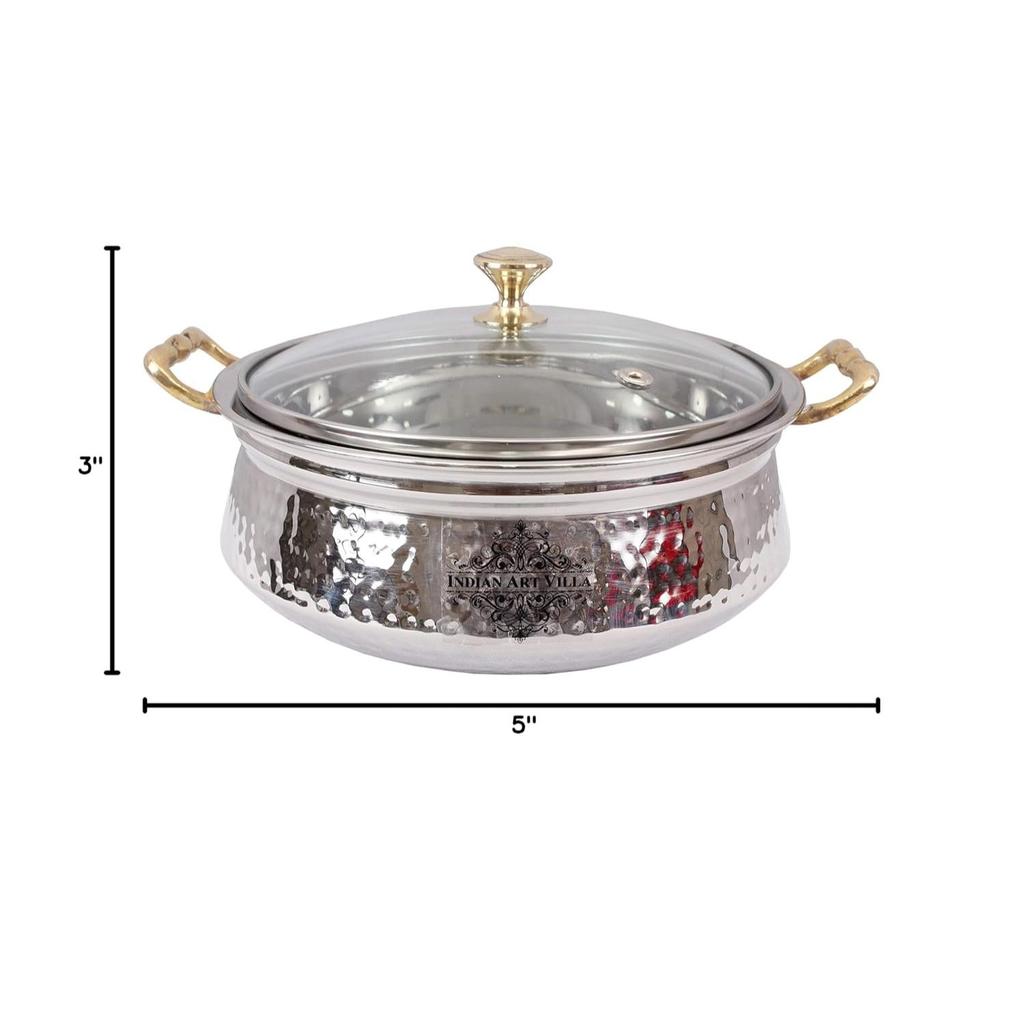 Stainless Steel Hammered Design Handi/Bowl/Casserole with Toughened Glass Lid & Brass Knob & Handles, Volume-400 Ml