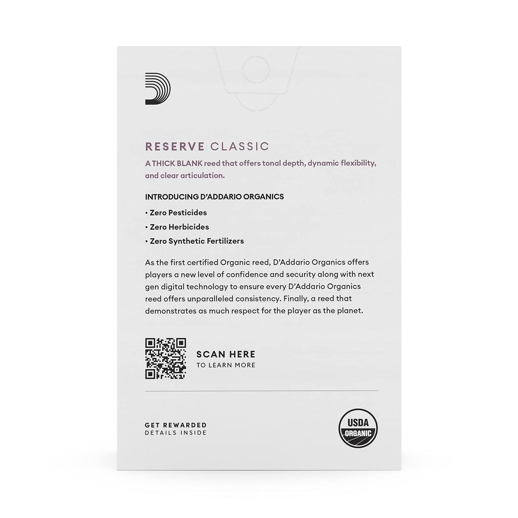 WoodWinds Reeds for Bb USDA Organic Reserve ODCT0320 Pack of 3 D'Addario D'Addario Clarinet, Certified, Classic, [Hardness 2.0],