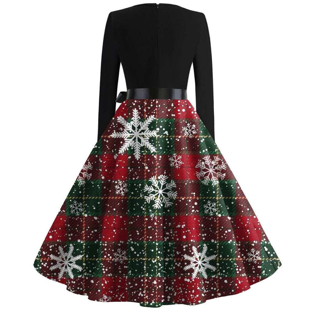 Christmas Print Flare Dress For Women Round Neck Long Sleeve Dress Casual Dresses