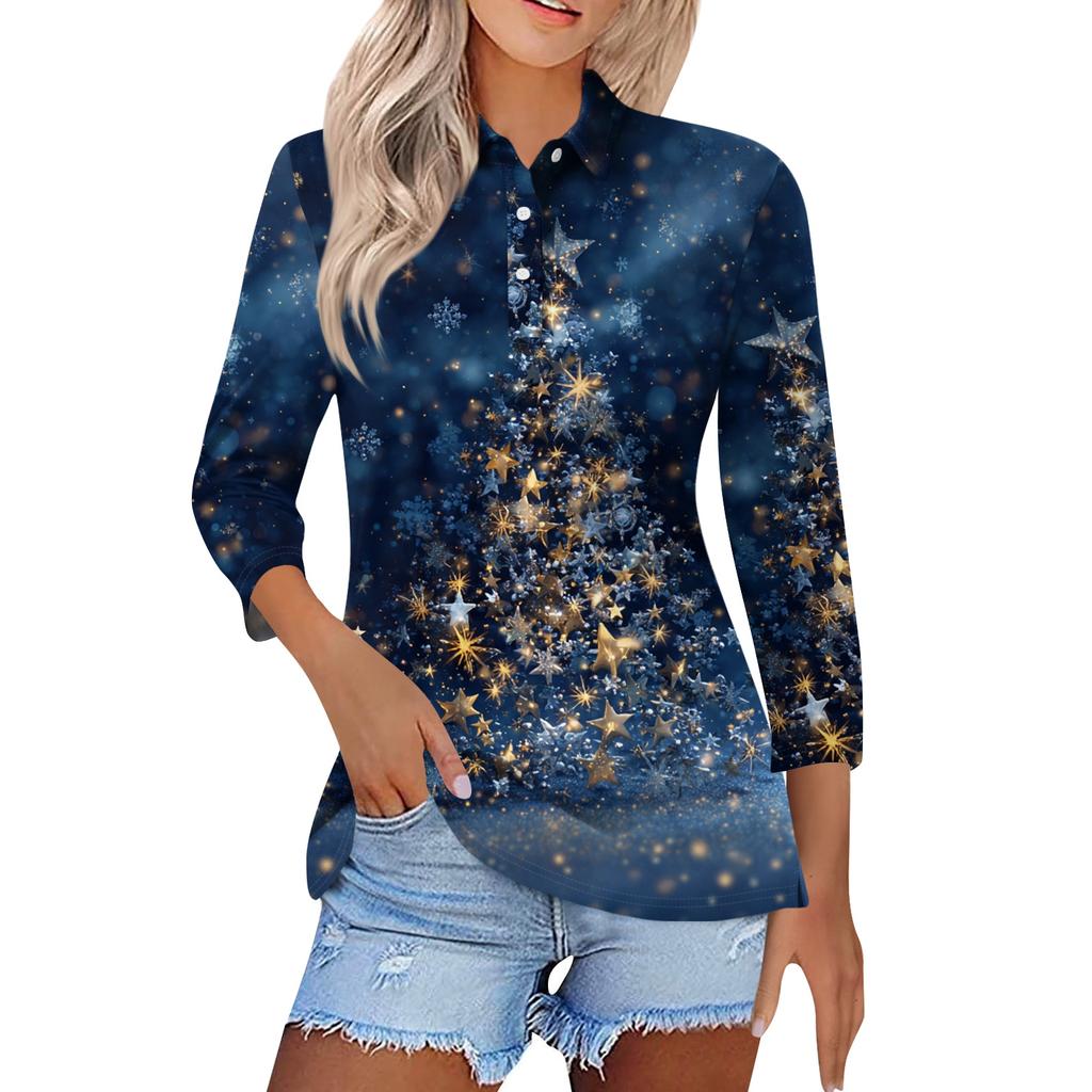 Women's Fashion Casual Lapel Short 3/4 Sleeve Christmas Print Shirt Women's Button Up Tops