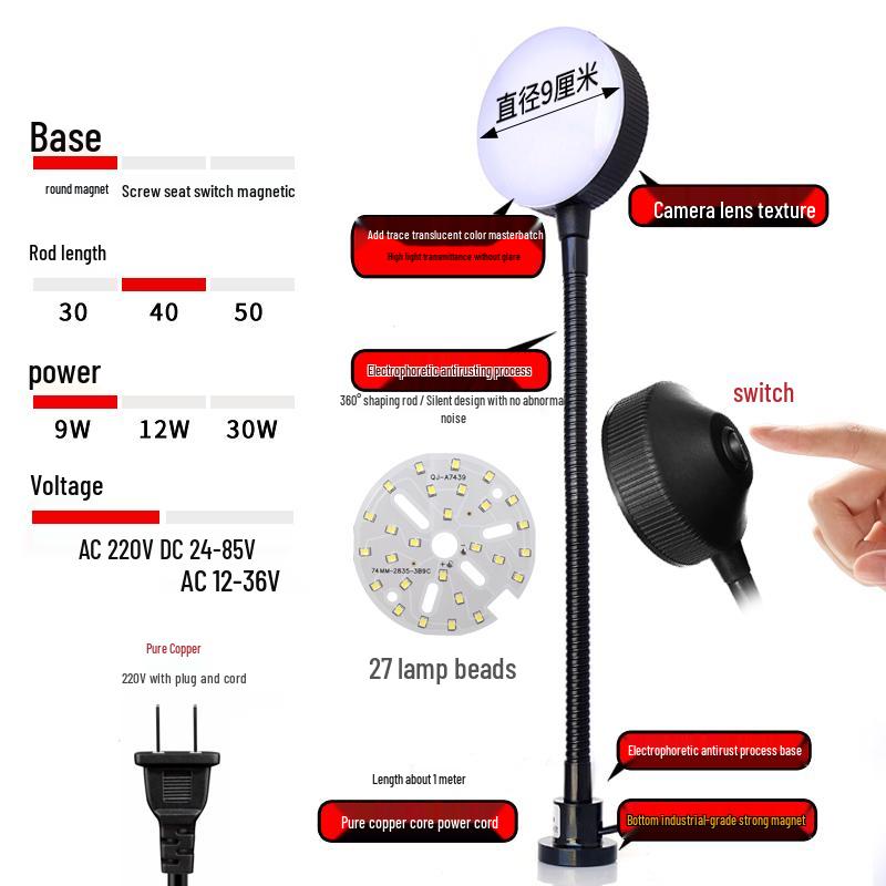 220V LED Work Light with Magnetic Base for Lathe, Punch Press, Injection Molding, and 24V Equipment