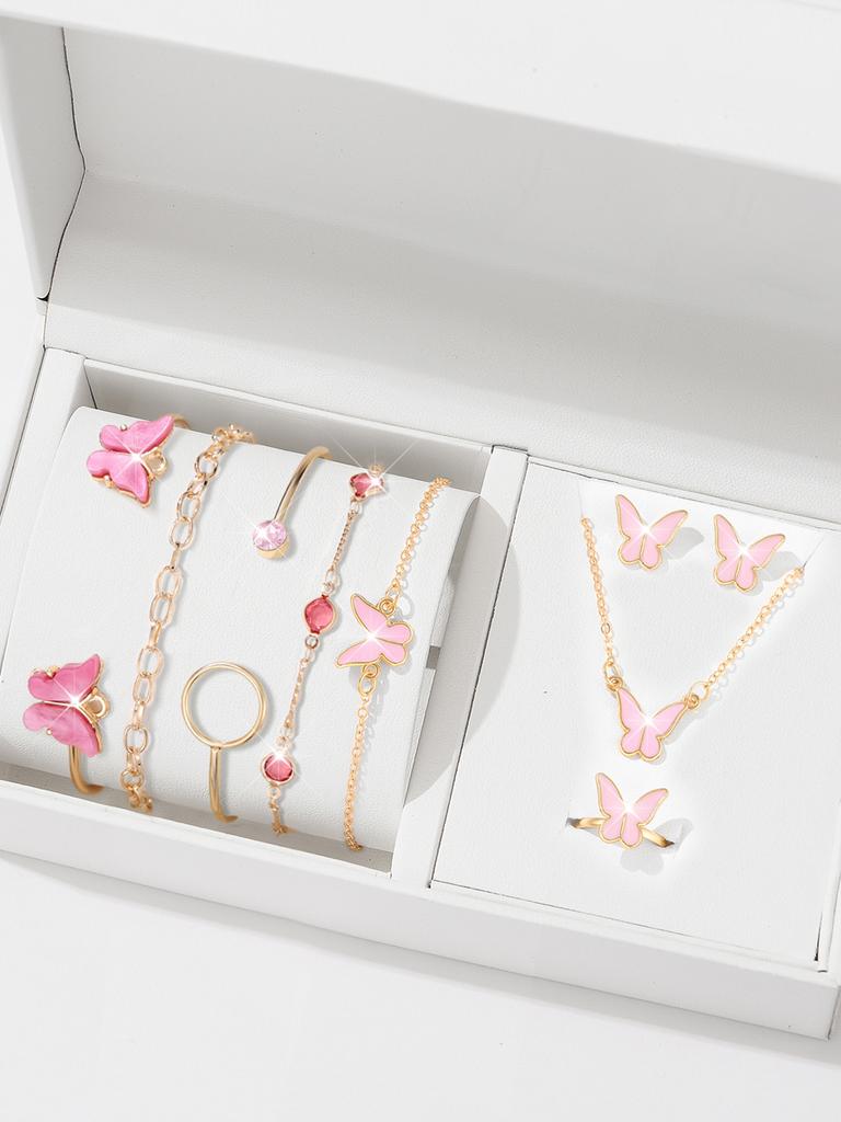 9pcs Women's Zircon Set, Luxury Ladies Fashion Casual Butterfly Bracelets, Necklace, Earrings, Ring Zircon Set, Suitable for D