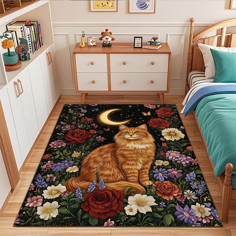 Moonlit Cat in Floral Garden Patterned carpet, suitable as a non slip play mat for the living room and bedroom sofa
