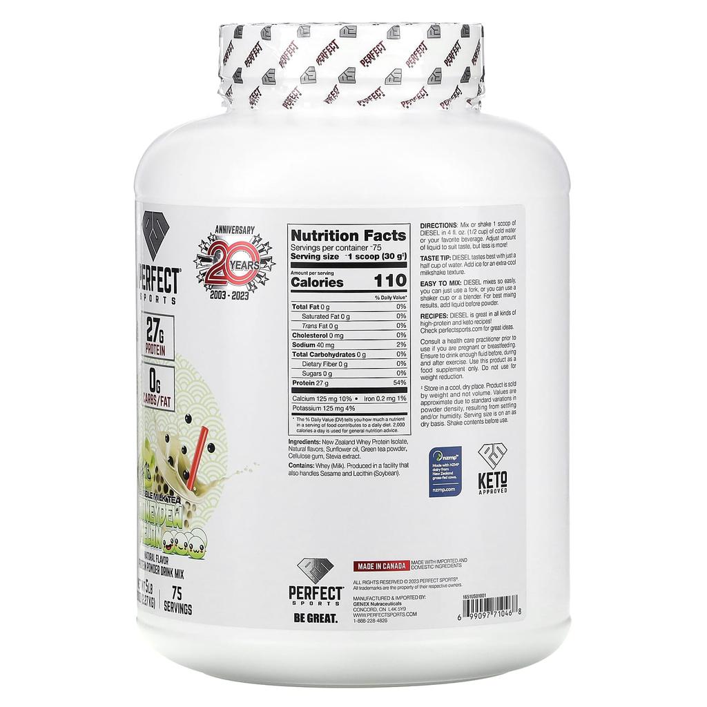 PERFECT Sports, Diesel, New Zealand isolate, bubble milk tea, honeydew melon, 2.27 kg (5 lbs)